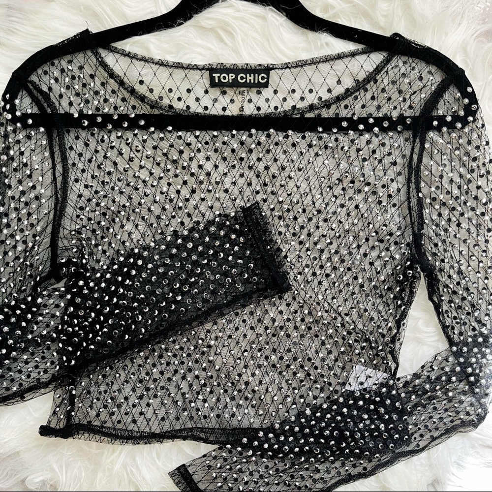 Transparent Mesh Rinestone Top Without Bra